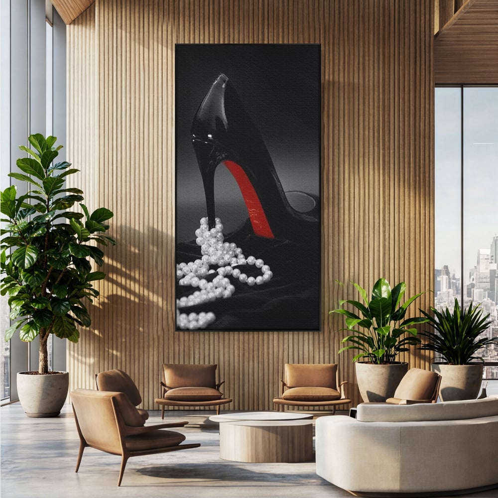 Tablou canvas cu tablou canvas cu pantof si perle, in rama de aluminiu negru, pe perete intr-un birou